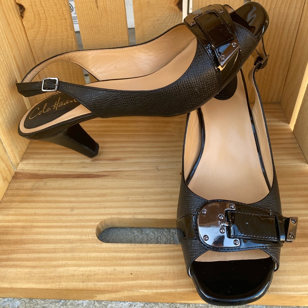 COLE HAAN Air Eliana Heels Sz 8.5 B Peep Toe Black